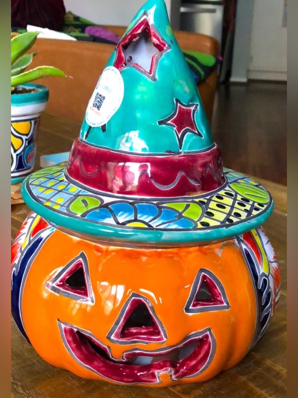 Talavera Colorful Ceramic Jack-O'-Lantern with Witch Hat